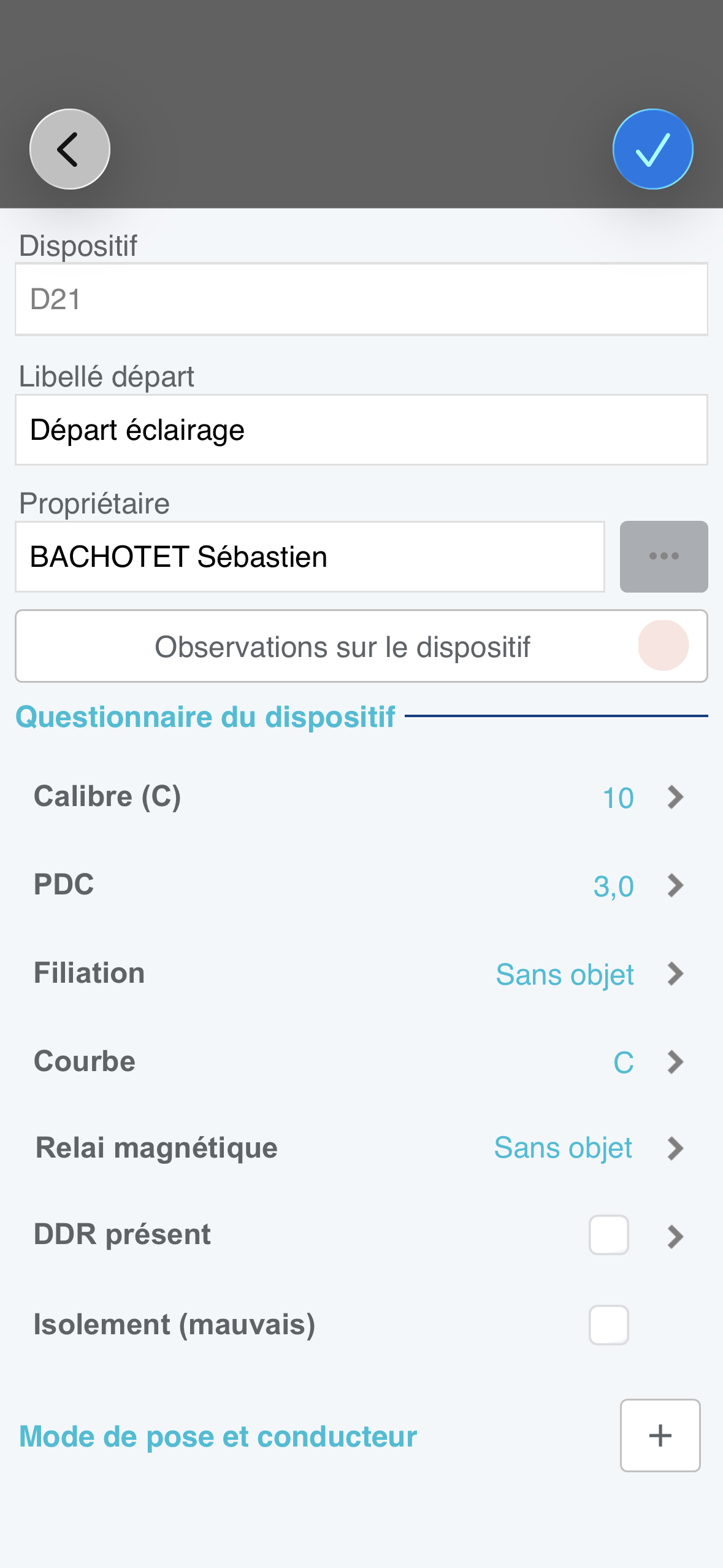 Saisie des caractéristiques d’un dispositif et de son mode de pose dans Iperya Collect