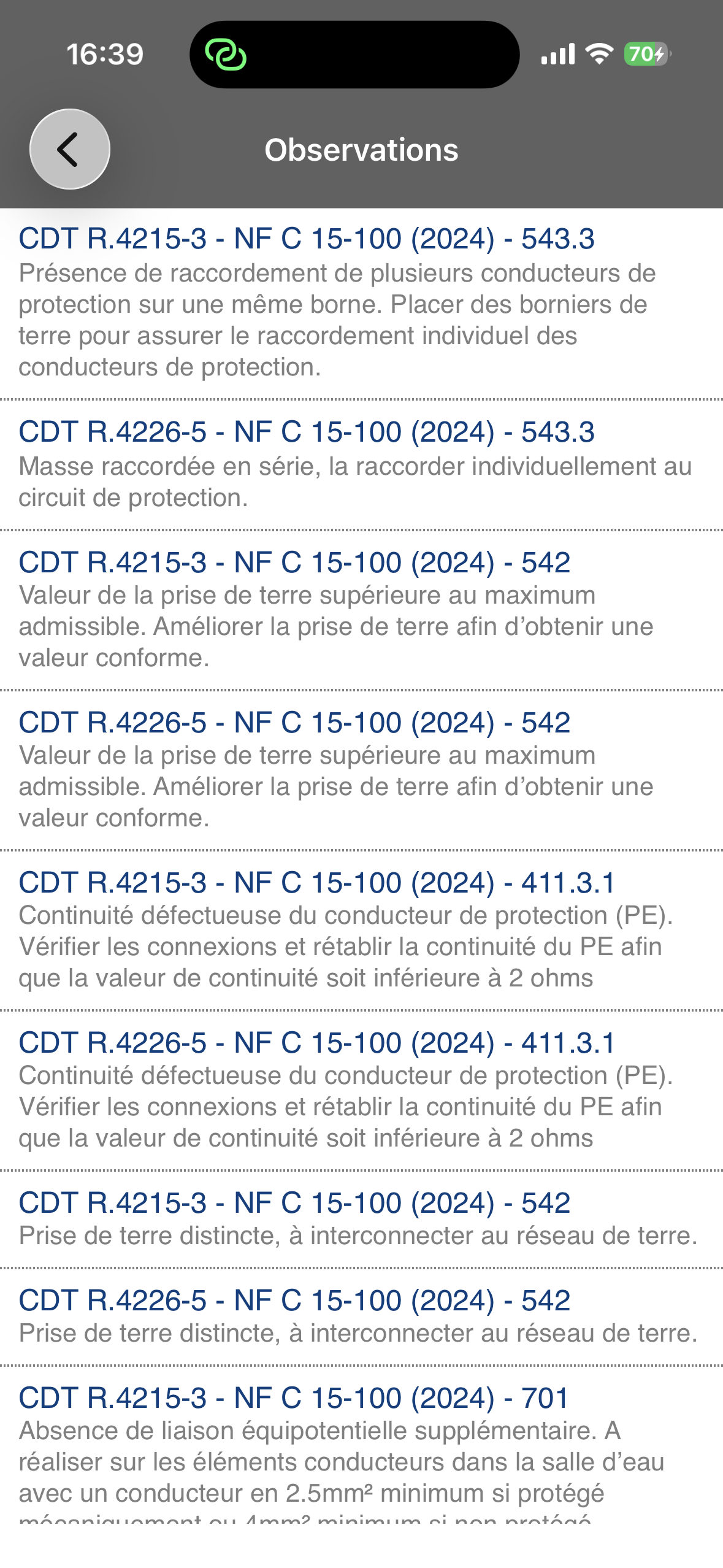Liste d’observations électriques modifiables avec leurs références et préconisations