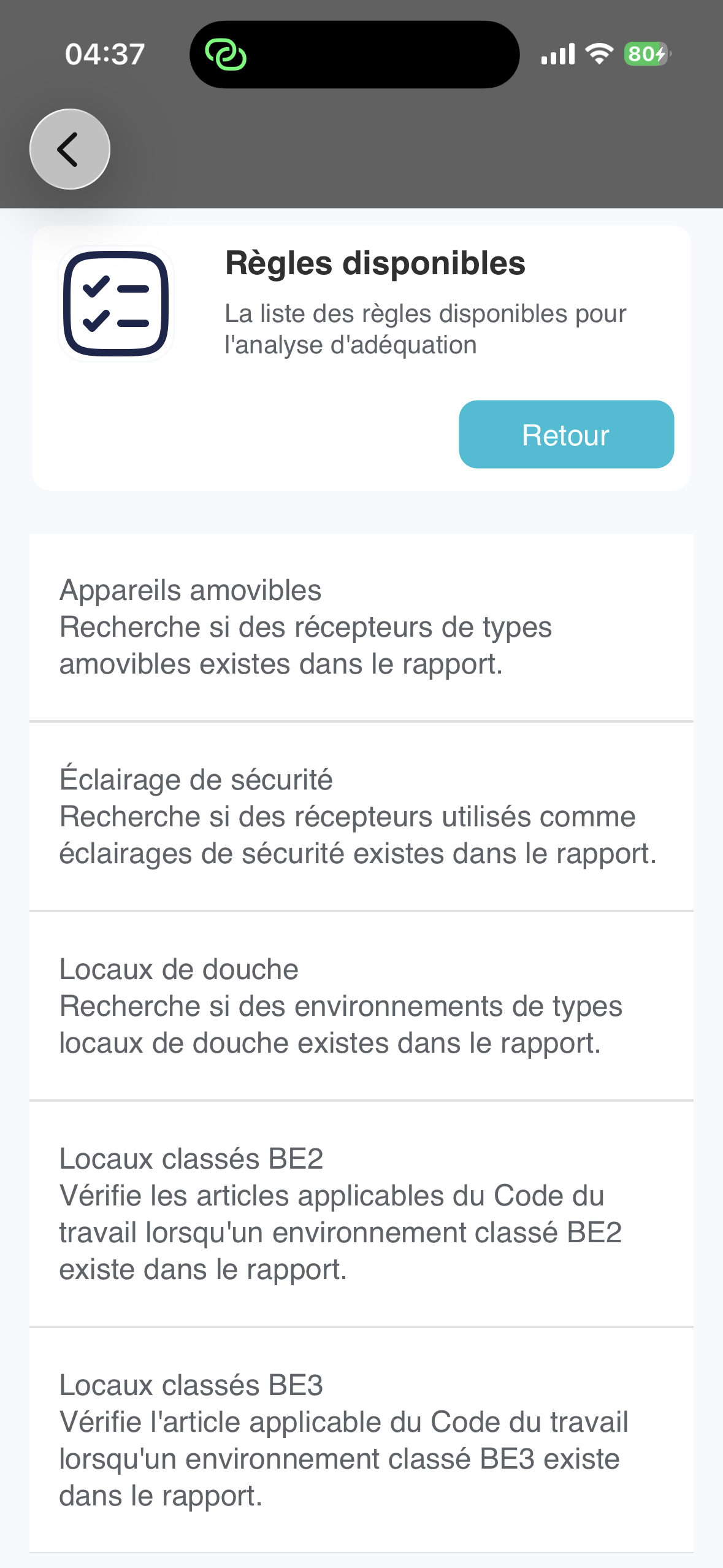 Liste des règles métier disponibles pour l’analyse d’adéquation d’un rapport électrique