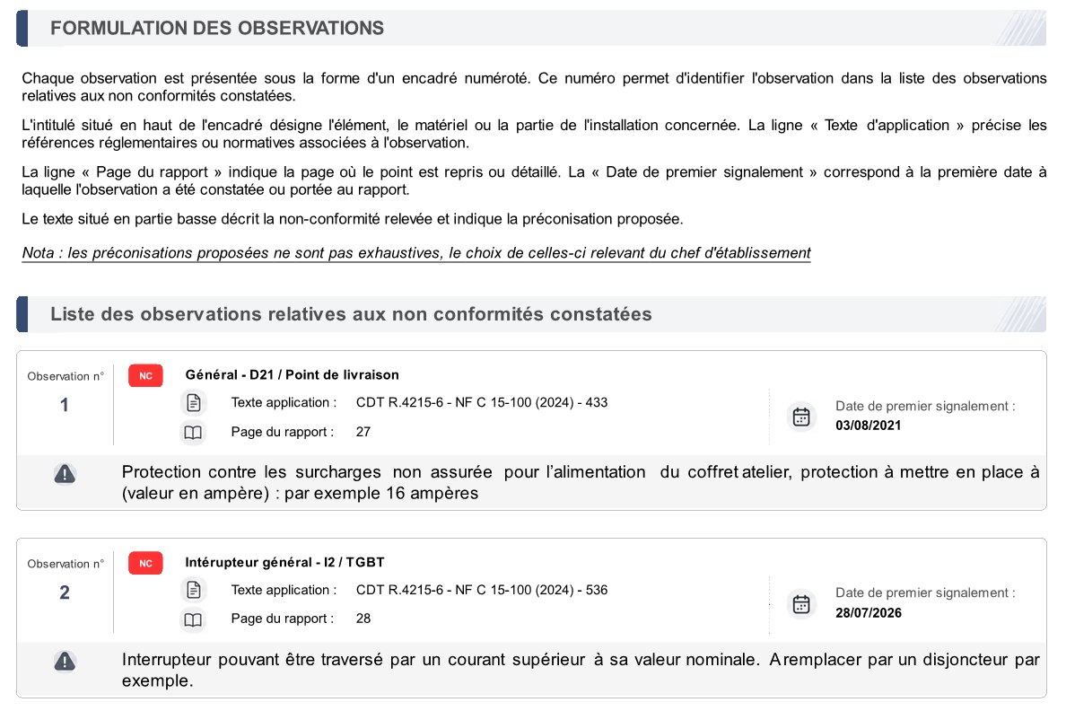 Résultat PDF présentant les observations relatives aux non-conformités constatées