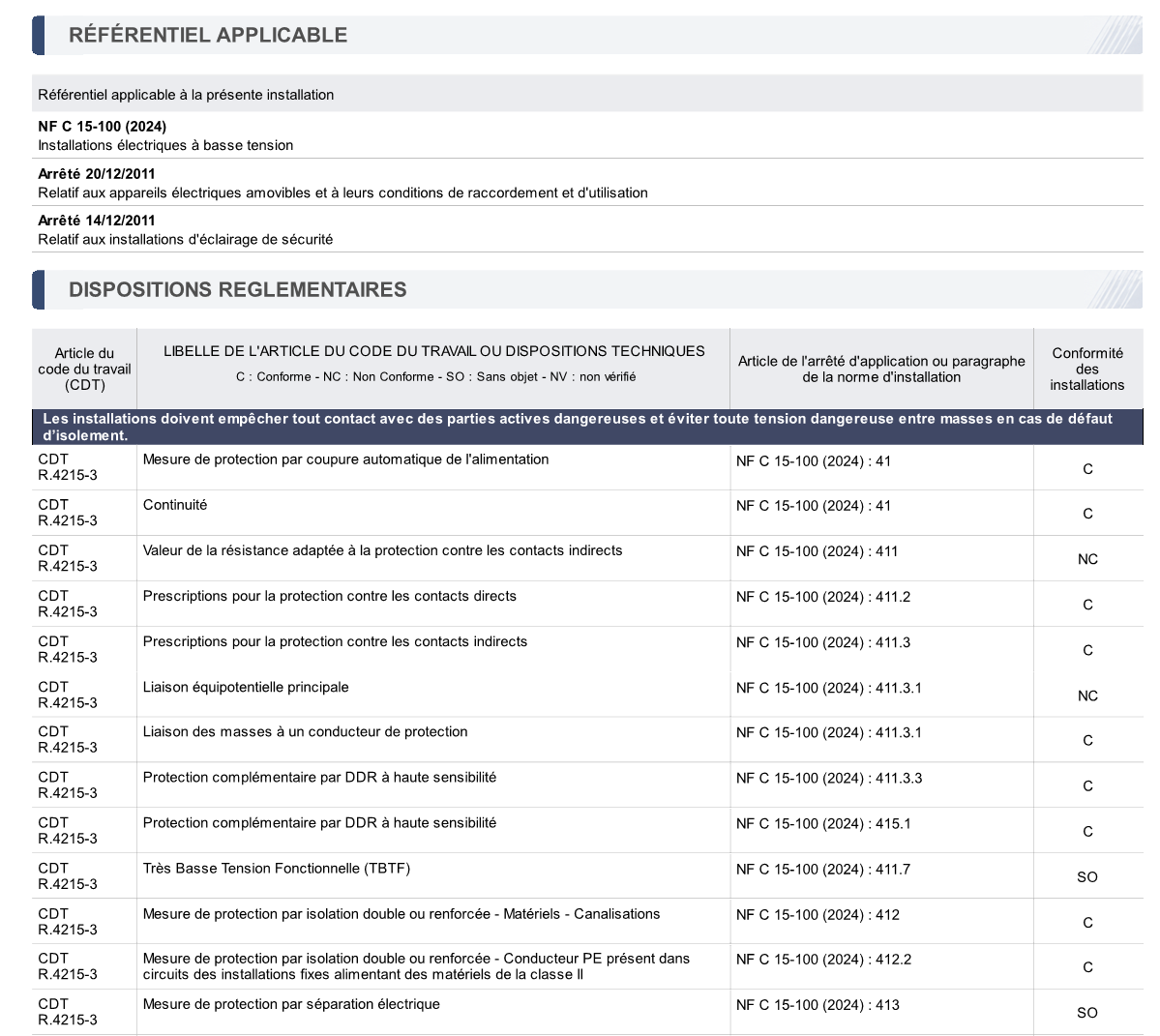 Résultat PDF présentant le référentiel applicable et les dispositions réglementaires
