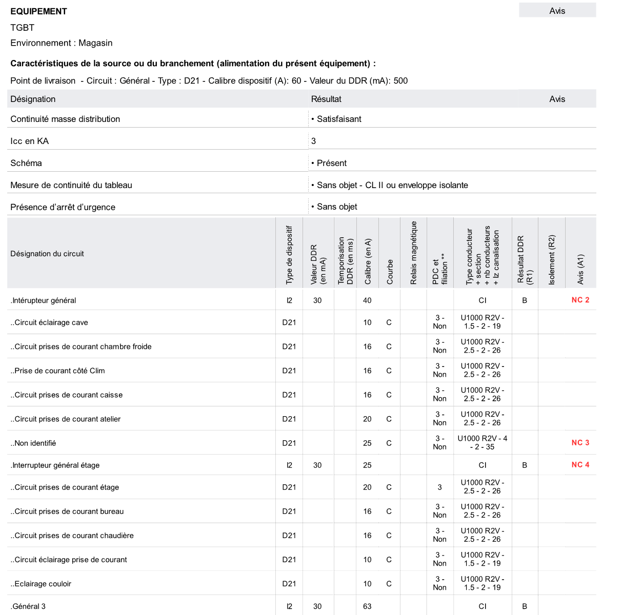 Résultat PDF d’un tableau électrique saisi avec ses circuits, dispositifs, canalisations, résultats et avis