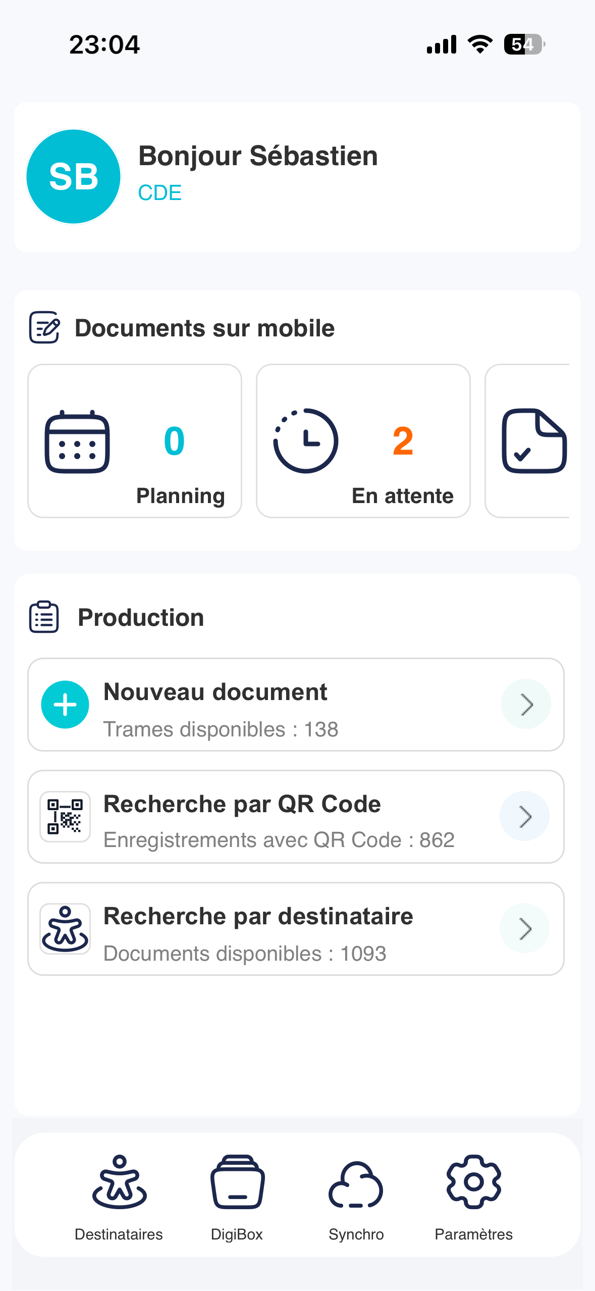 Accueil de l’application Iperya Collect avec planning, documents mobiles, QR code et destinataires