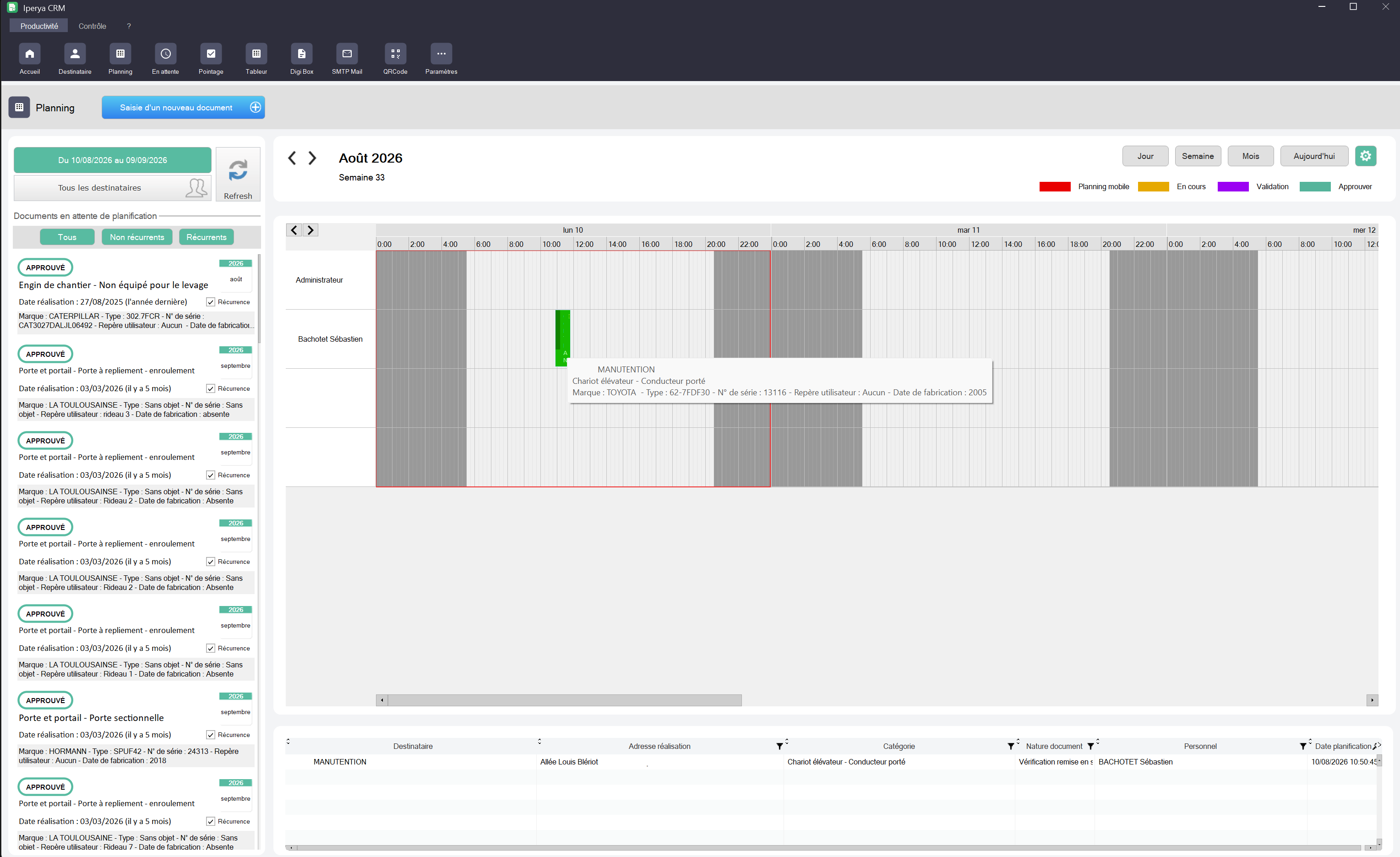 Planning Iperya CRM avec documents en attente et grille horaire