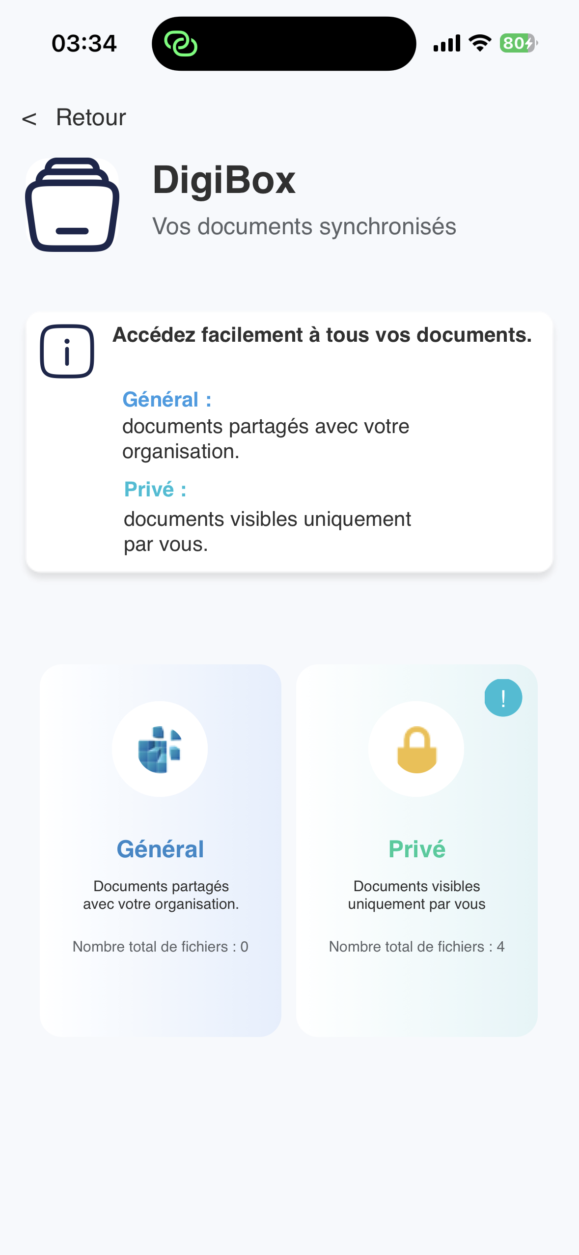 Écran DigiBox avec les espaces Général et Privé