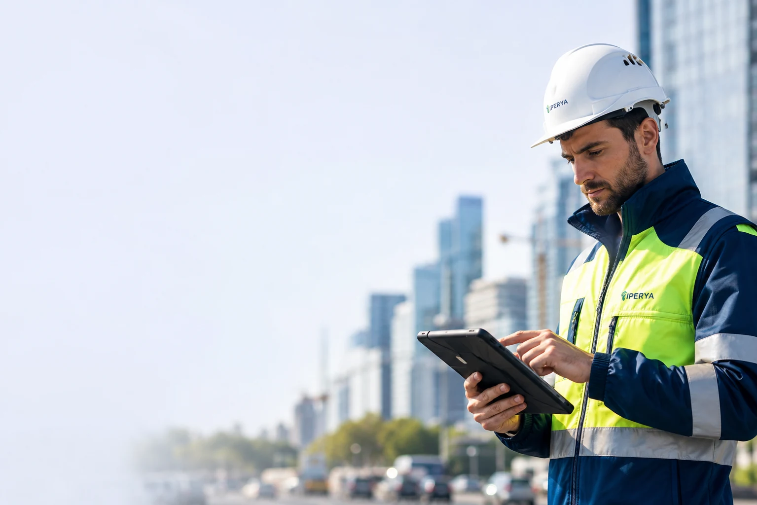 Technicien équipé d’un casque utilisant Iperya Collect sur une tablette