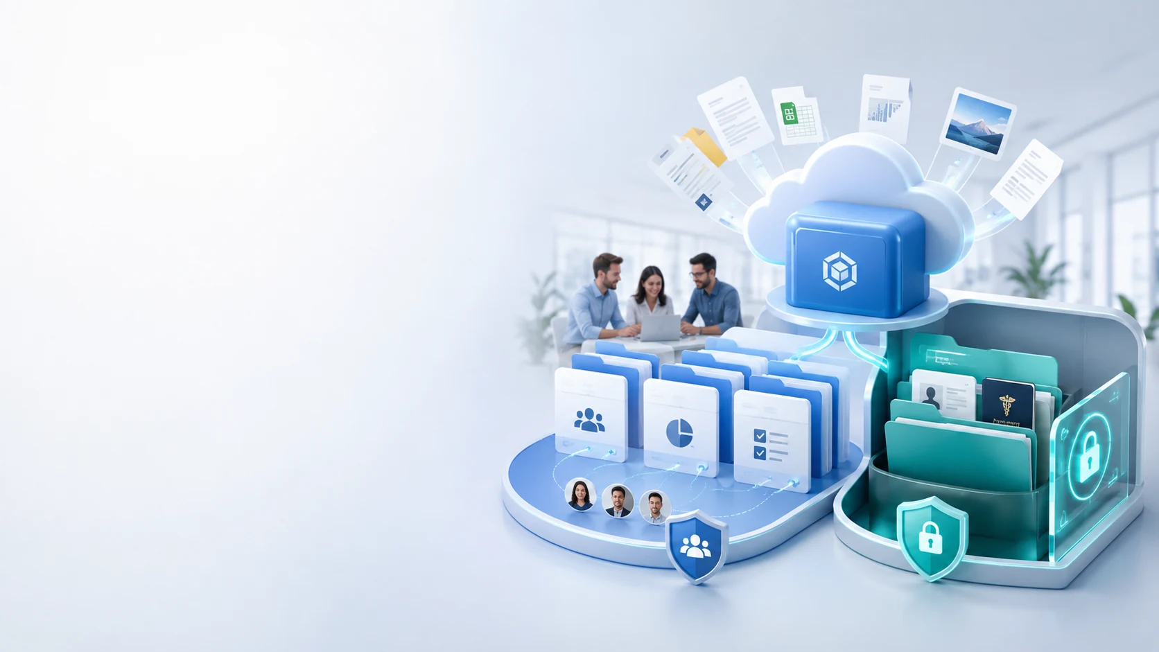 Illustration DigiBox avec documents partagés, espaces privés et stockage sécurisé