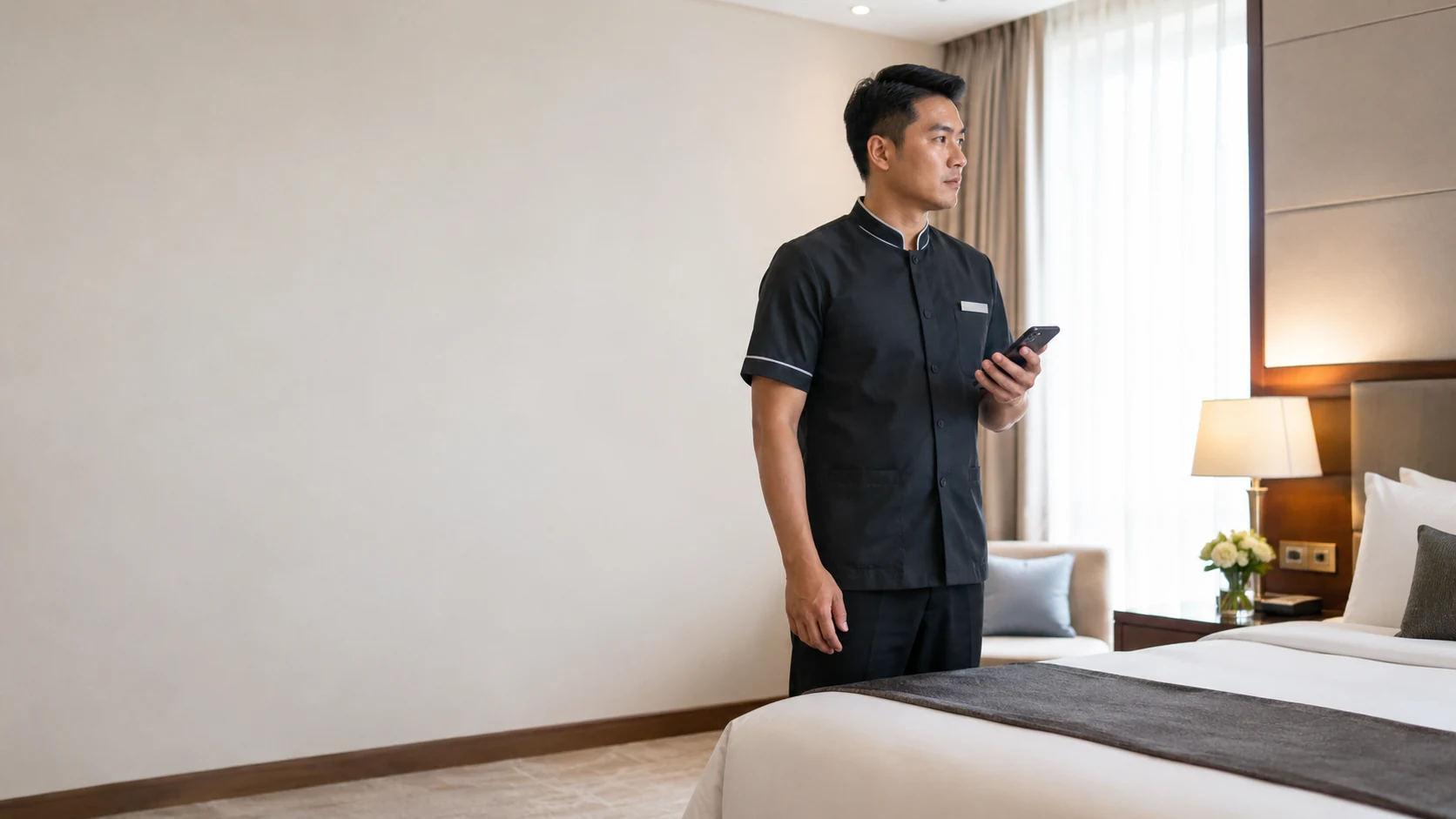 Professionnel de l’hôtellerie consultant son téléphone dans une chambre préparée