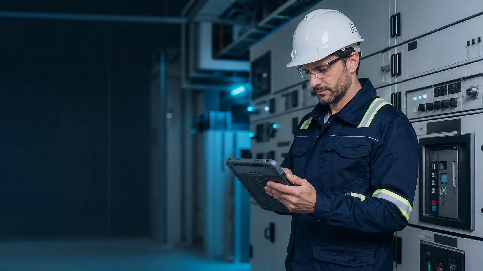 Professionnel préparant une démonstration terrain avec une tablette