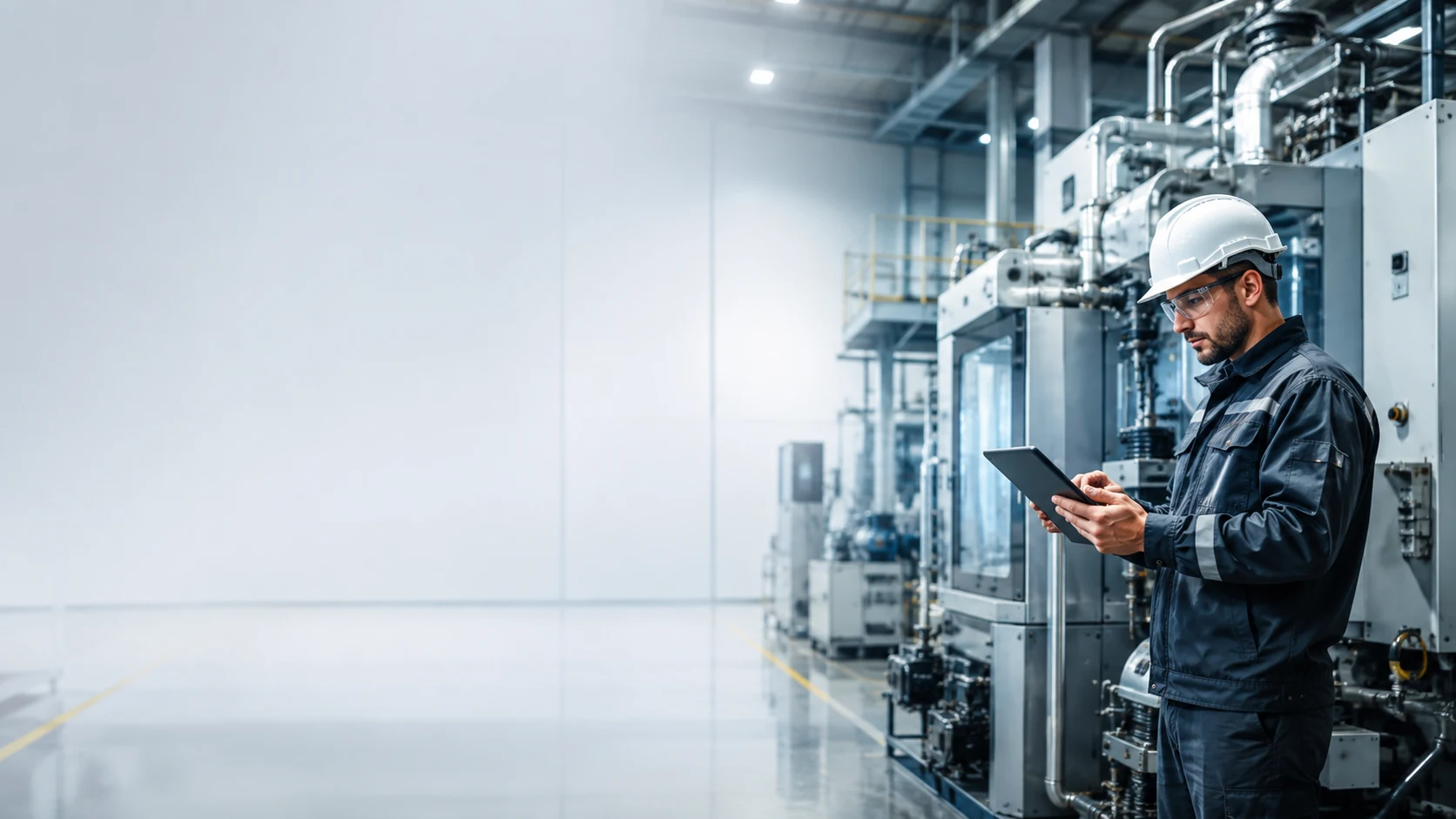 Technicien de maintenance consultant une tablette devant une ligne de production