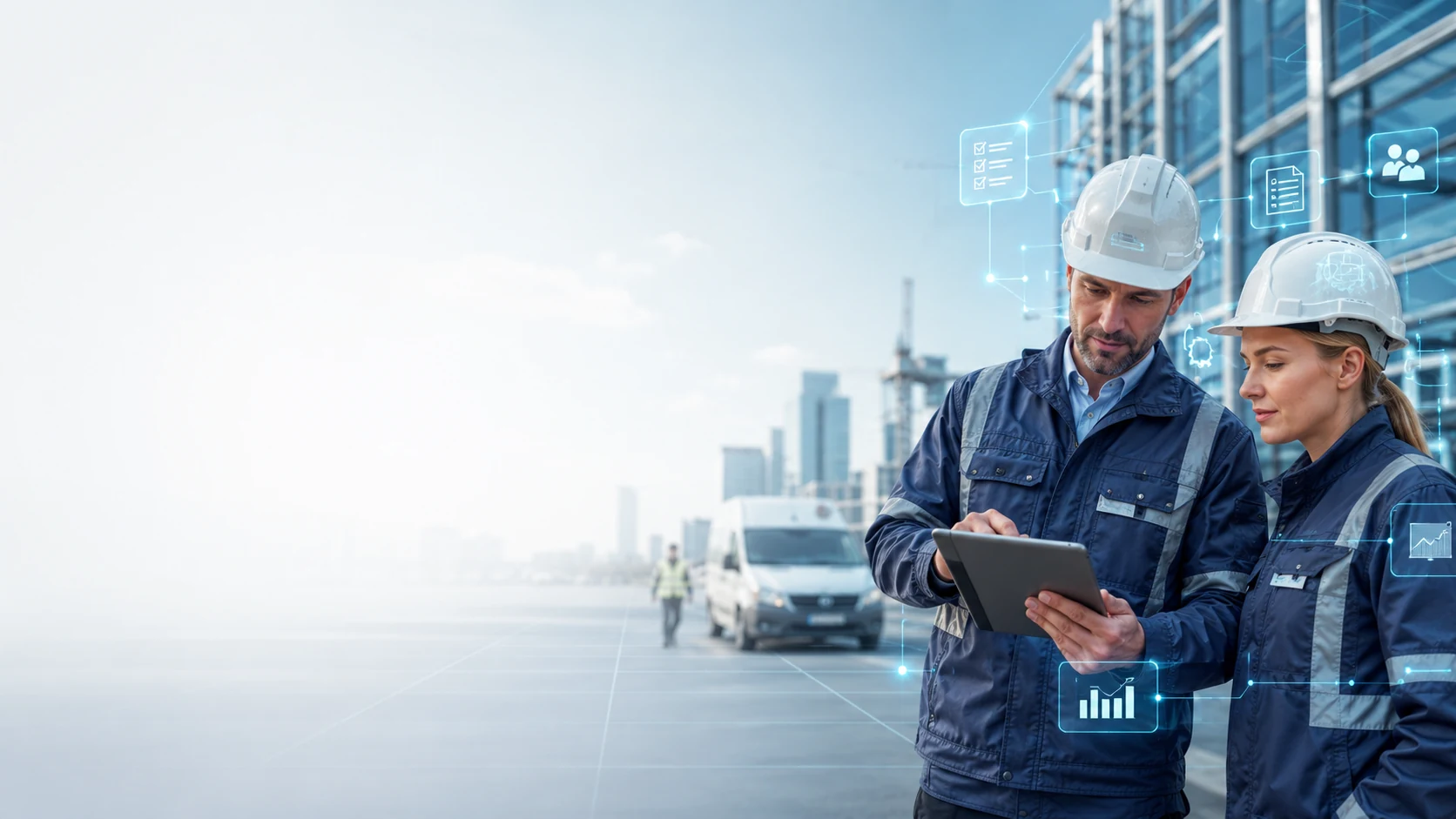 Deux professionnels coordonnant leurs opérations terrain avec les solutions Iperya
