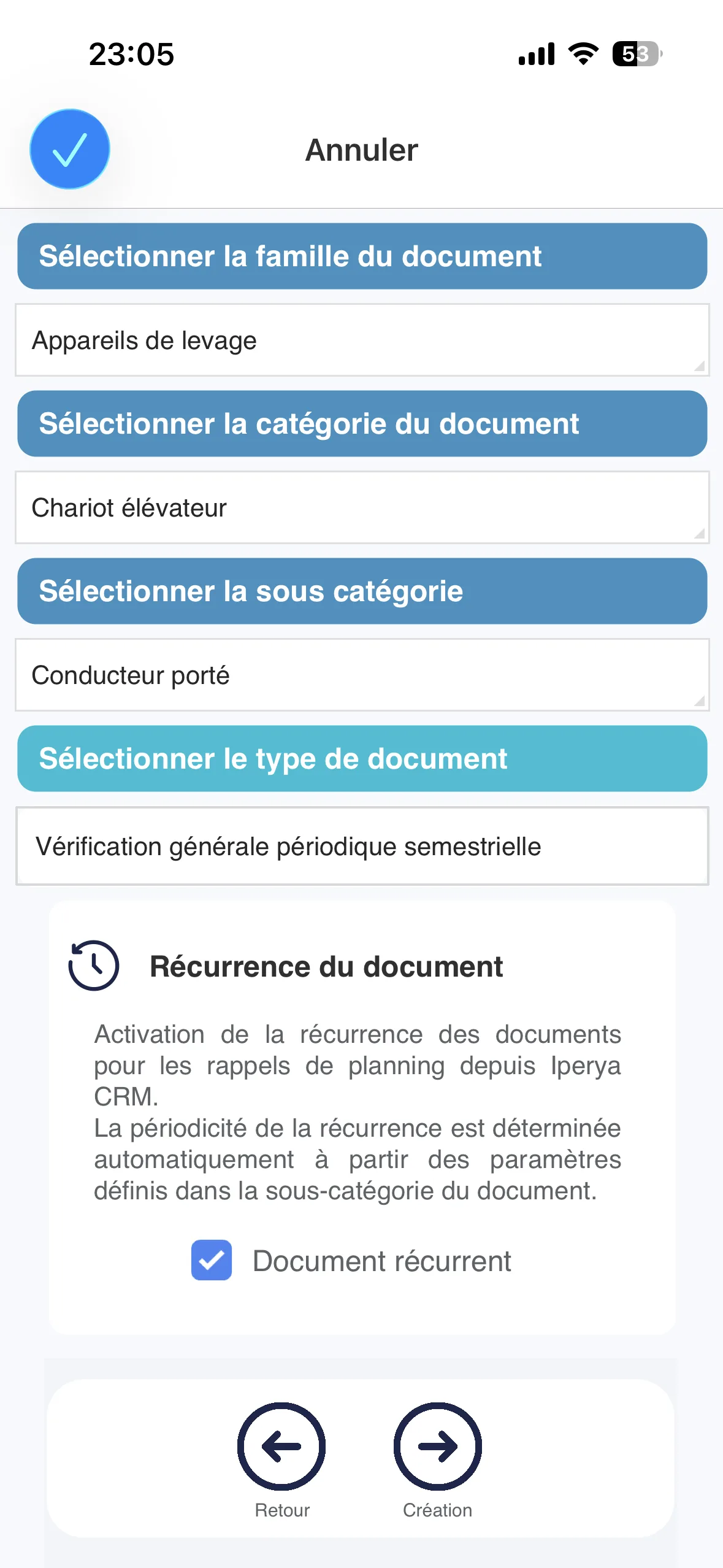 Sélection réelle dans Iperya d’une VGP semestrielle pour un chariot élévateur