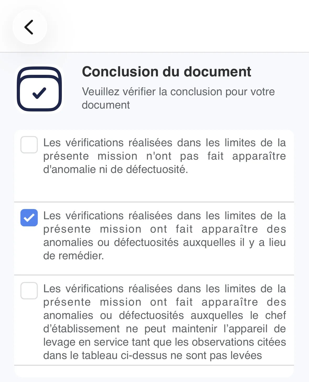 Écran réel de contrôle de la conclusion d’une VGP