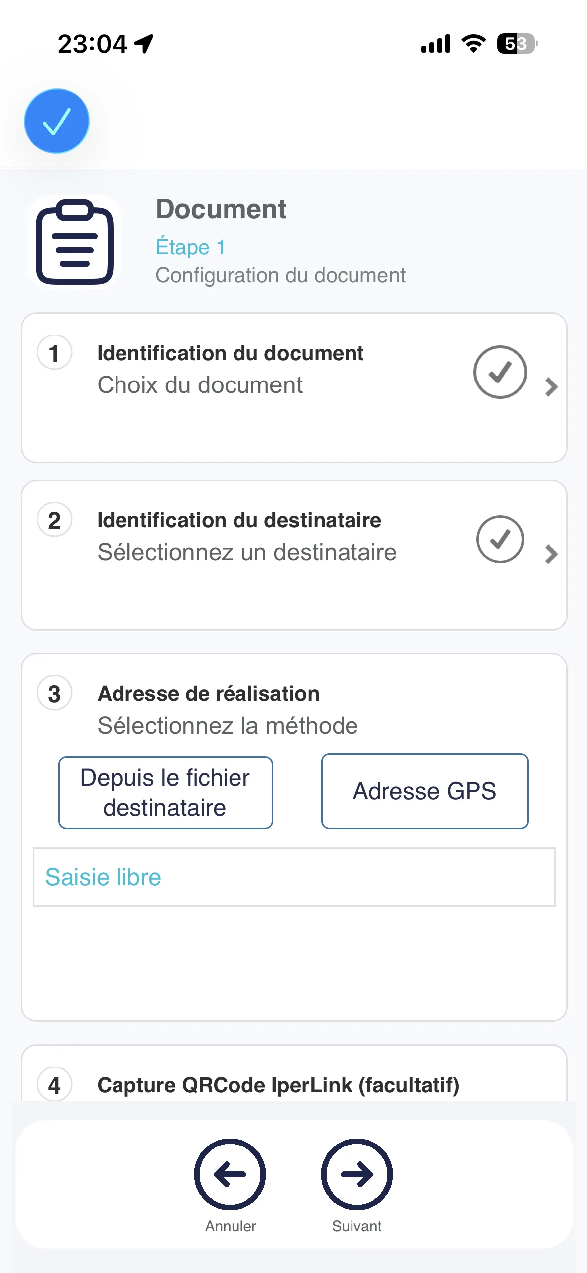 Écran réel des quatre étapes de préparation d’un document dans Iperya Collect