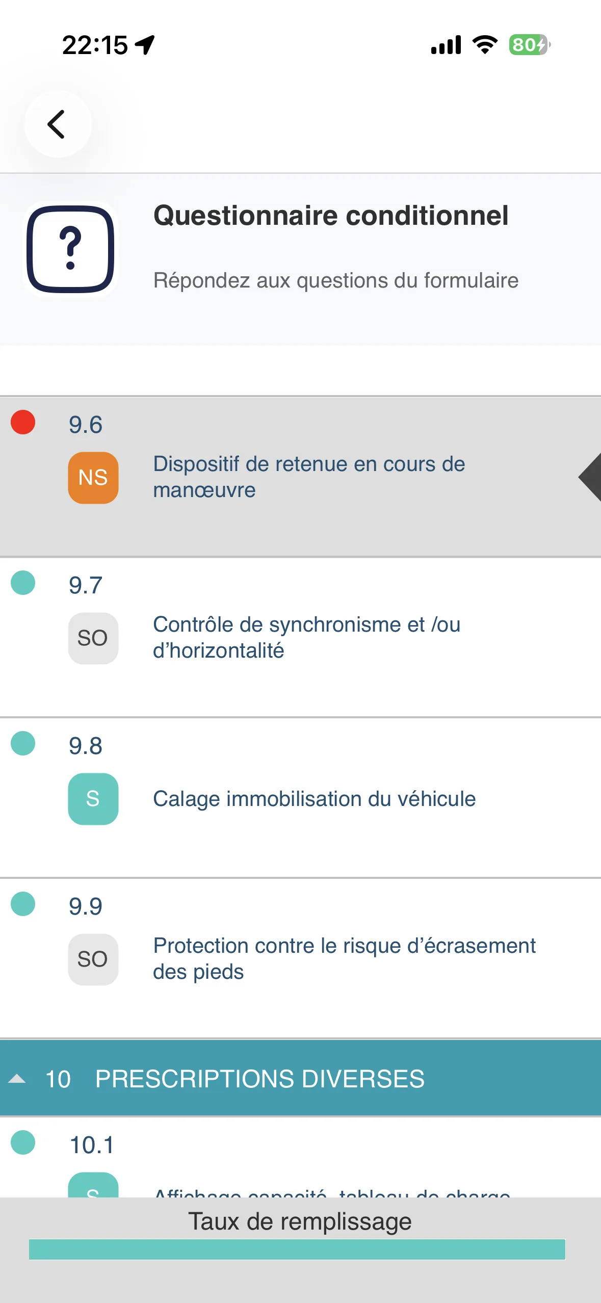 Questionnaire conditionnel réel d’une VGP avec réponses structurées et taux de remplissage
