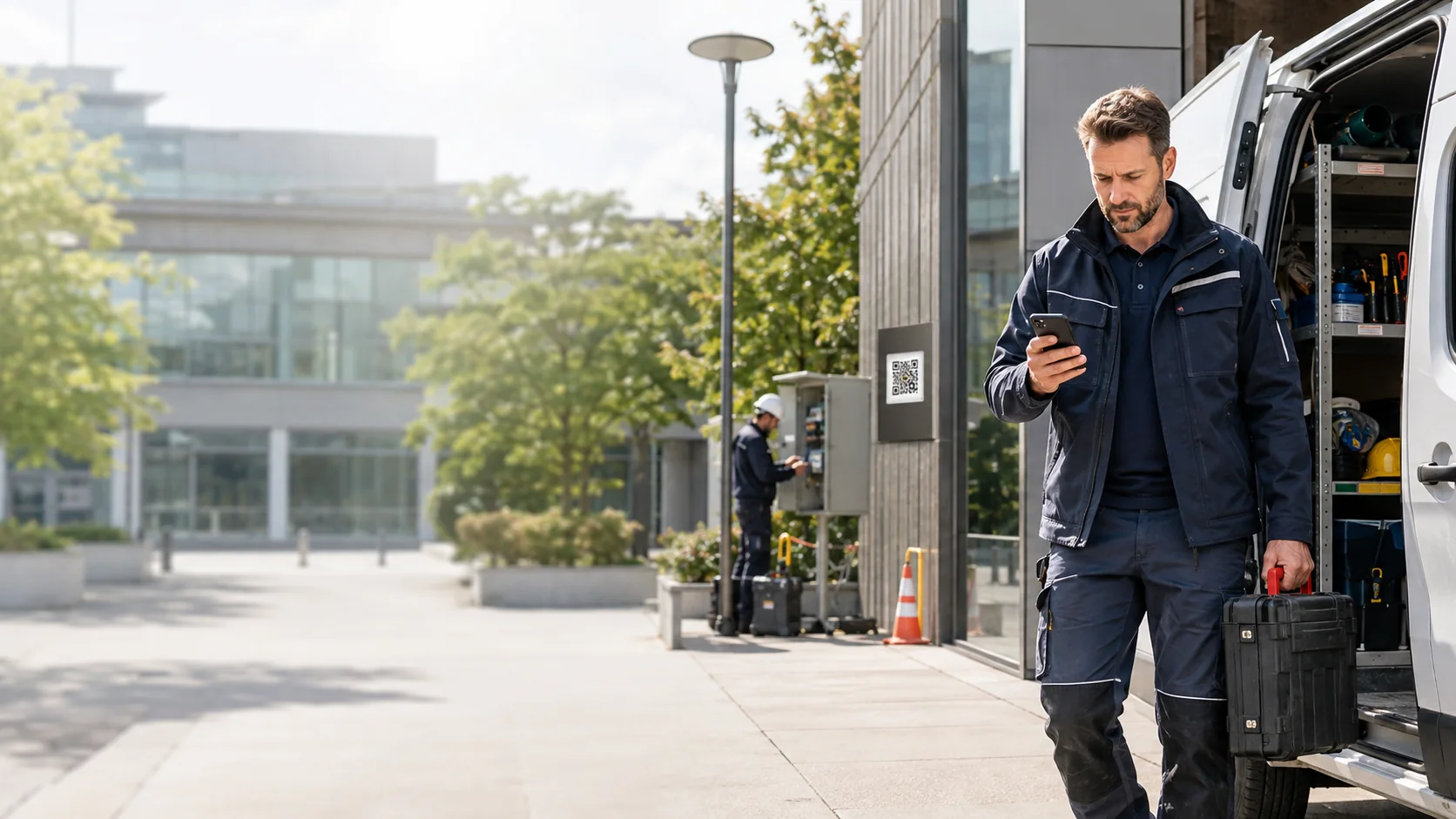 Technicien retrouvant un équipement identifié par QR code sur son téléphone